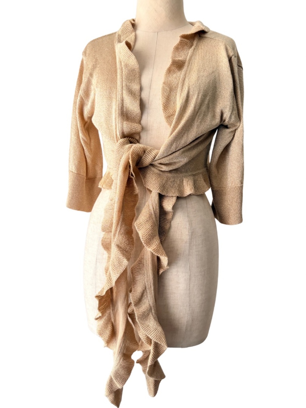 VTG 90s Y2k Gold metallic Bolero Wrap Top Cropped Ruffles and tie front detail